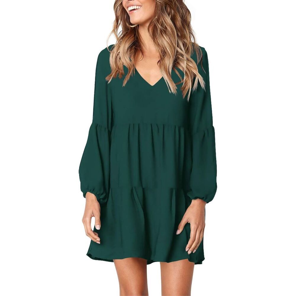 NEW Tunic Dress V Neck Casual Loose Flowy Swing Shift Dresses M